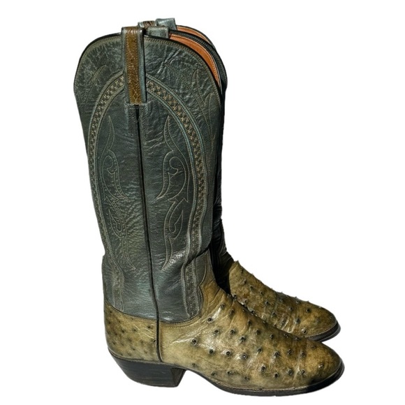 Lucchese Ostrich Leather Two Tone Green Western Cowgirl Boots Women’s Size 7 B - Picture 5 of 14
